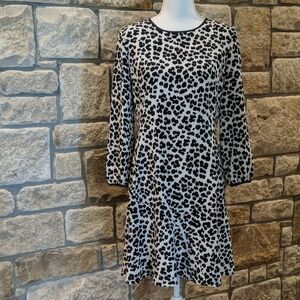 LOFT Dress Size 6 Ivory White Black Animal Print Mid Sleeve Flowy